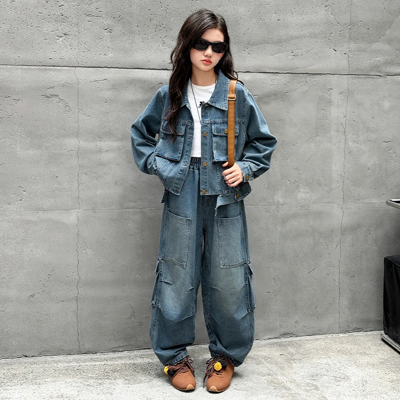Girls 2pcs Denim Suit Vintage Wide Leg Jeans  and Jacket Top Sets Spring Autumn Kids Street Wear American Style Fashion 4-14 Y