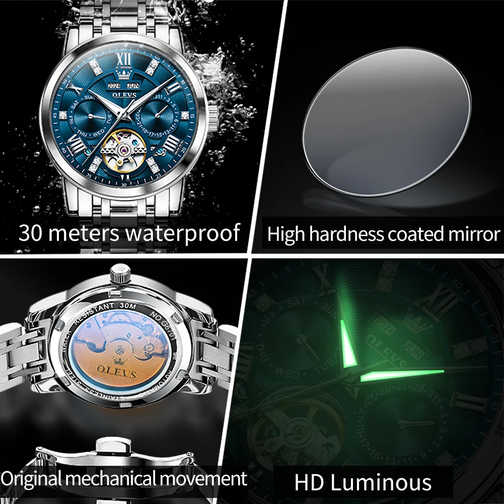 OLEVS 6701 고급 오리지널 남성용 시계 플라이휠 오토매틱 기계식 시계 방수 캘린더 주간 시계 남성용 무료 선물