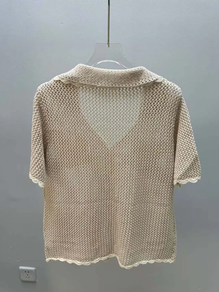 Top in cotone per donna Primavera Estate Casual Ricamo all'uncinetto Camicia a maniche corte con risvolto scavato Camicette abbottonate