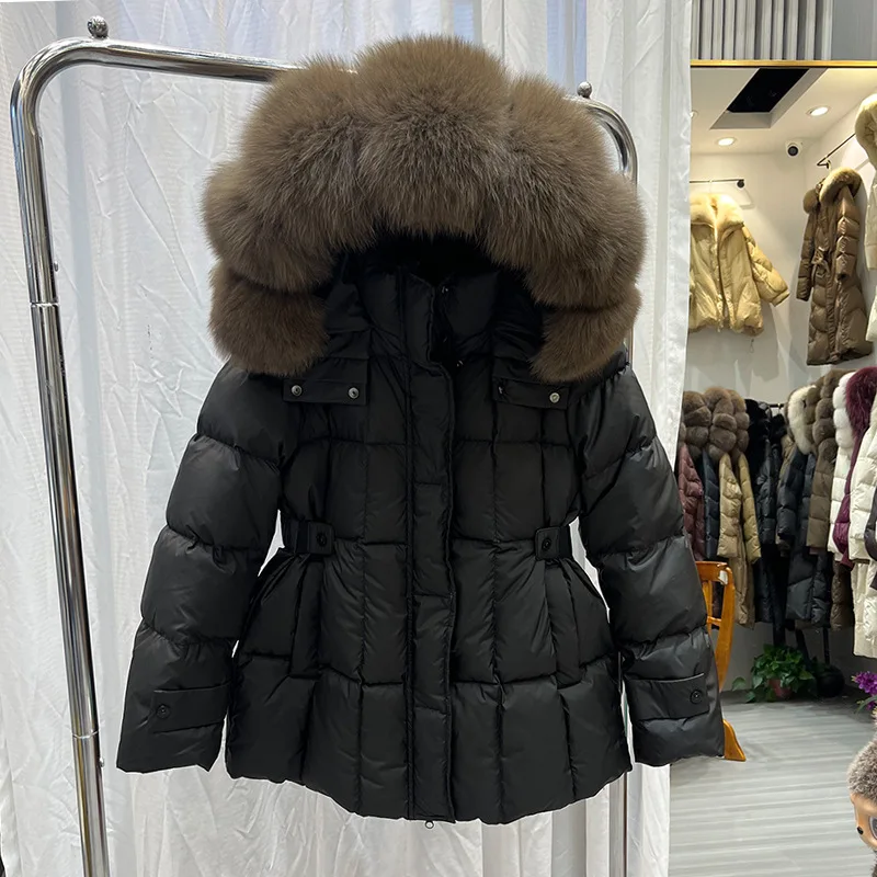 여성용 덕다운 패딩 재킷, 신상 리얼 퍼 아우터, 따뜻한 여성용 깃털 코트 및 파카, 후드가 있는 중간 길이 코트