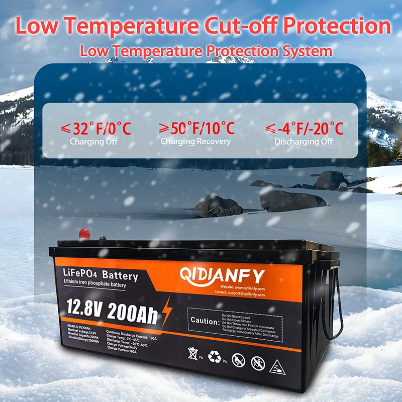Qidianfy 12.8V 200Ah LiFePO4 Lithium Battery With 100A BMS Deep Cycles Rechargeable for RV Marine Camping Backup Power Off-Grid