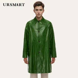 High quality sheepskin trench coat men classic green single breasted mid length British fashion custom windbreaker coat for men