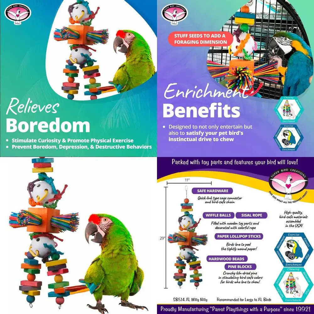 

Super Bird Creations SB514 Игрушка Willy Nilly Bird XL — Обогащающие игрушки-попуг для больших птиц, Игрушки для кормления птиц, Игрушки для птиц для