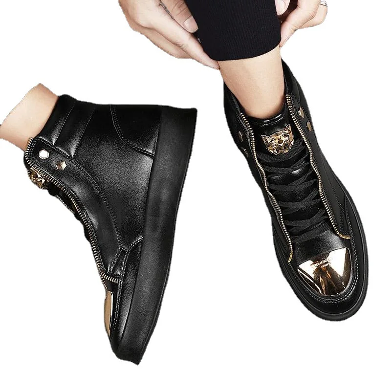 Spring New Martin Boots Men's High-top Sneakers Metal Casual Leather Boots Men's Korean Version Trend Hip-hop Shoes Luxuryshoes
