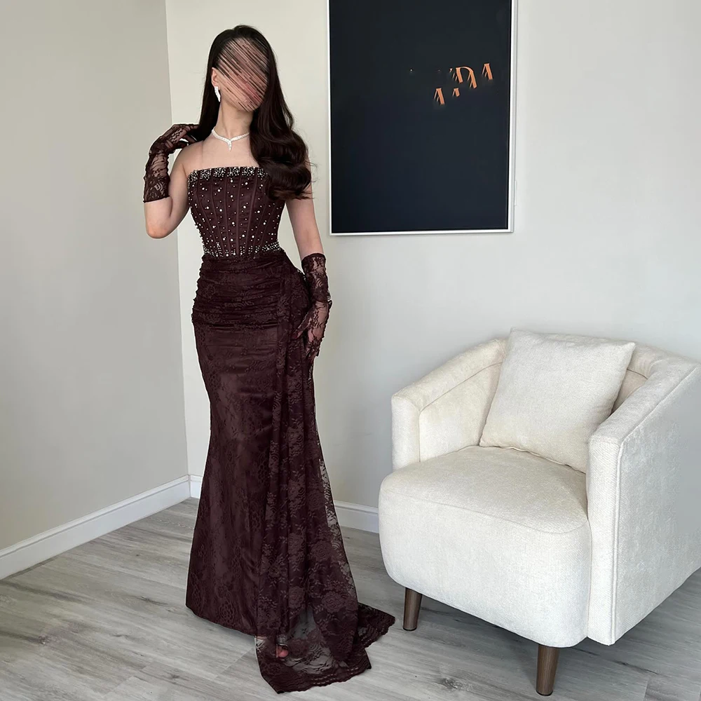فستان سهرة فاخر مصنوع حسب الطلب بياقة قارب من الدانتيل مطرز بالخرز وأربطة من الخلف فستان ماكسي بطول مطوي للحفلات الراقصة مع قطار #1