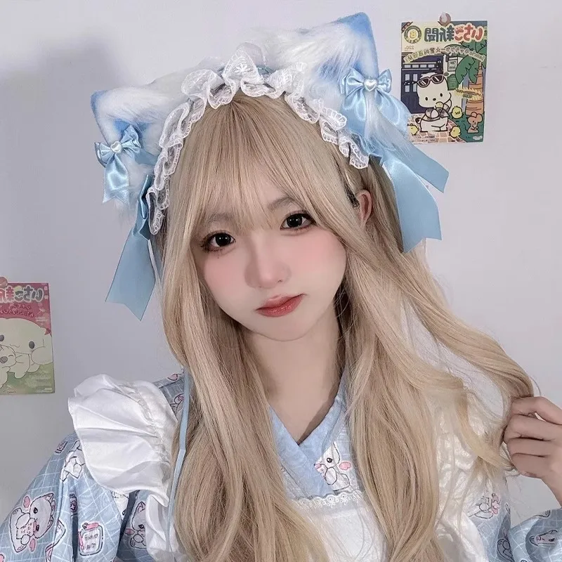Słodkie Pluszowe Kocie Uszy Lolita Koronkowa Opaska Wstążka Kokarda Cosplay Falbankowa Opaska Akcesoria do Włosów Jk Spinki Maskarada Nakrycie Głowy