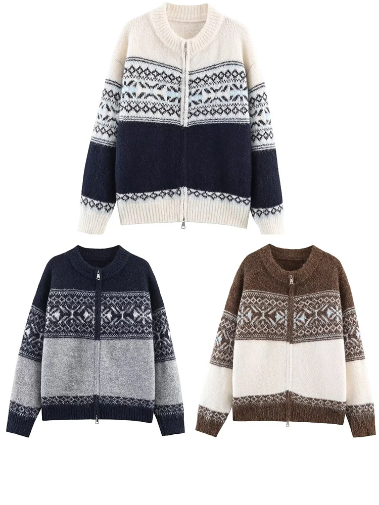 Cárdigan de punto Jacquard con doble cremallera para mujer, informal, otoño/invierno, nueva colección 2025