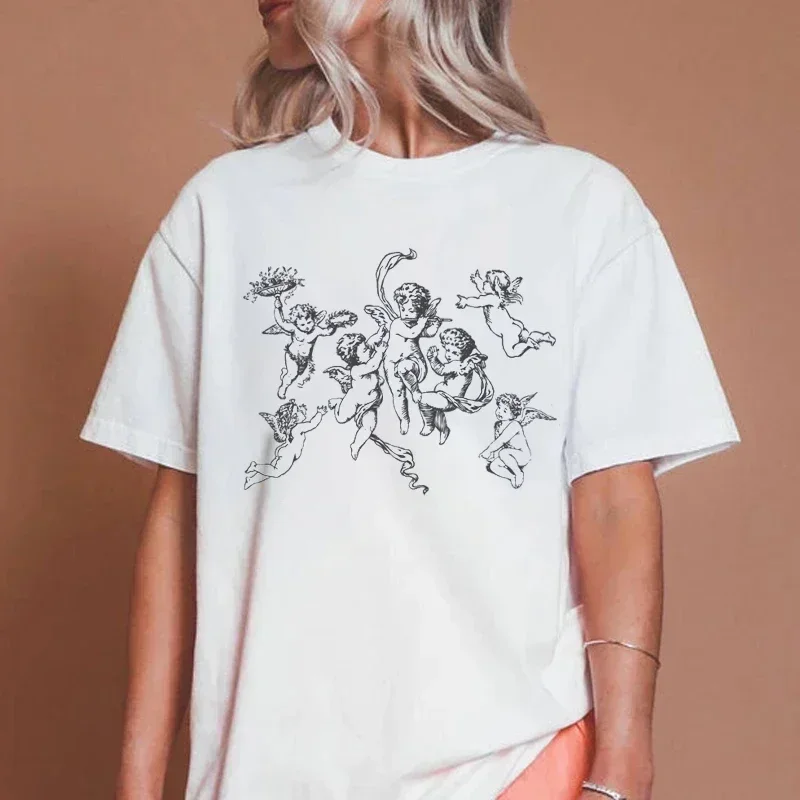 

Cute American Ins Angel Print Ladies T-shirt Vintage Fashion Y2k Cotton Street Clothing Hip Hop Personality Half-sleeved Top