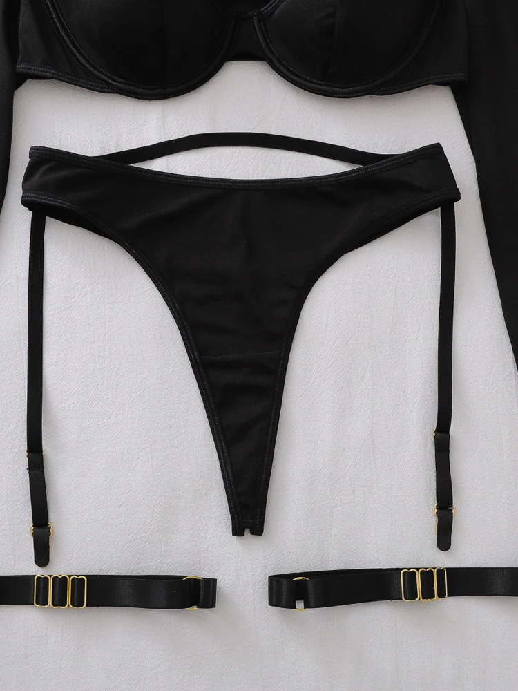 Belamimi New Fashion Sexy See Through Long Sleeved Lingerie Set Women Comfortable Sheer Shaping Underwear Exotic Split Set with