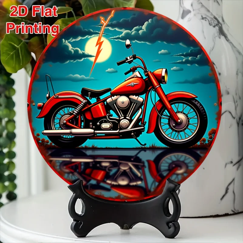 Vintage Motorcycle Metal Wall Art 8x8 Inch, 2D Flat Aluminum Sign with Lightning Bolt, Heavy-Duty Garage Bar Cafe Decor