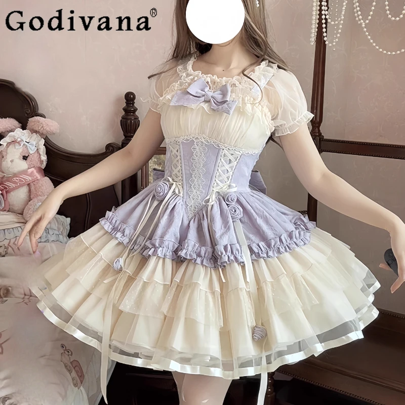 

Princess Lolita Dress Set for Women Cute Ballet Style JSK Sweet Cake Princess Dress Female Short Sleeve Shirt and Dress Suit