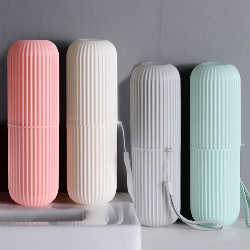 Portable Striped Travel Toothbrush Cup Multifunctional Toothpaste Storage Box Mouthwash Cup Camping Trip Wash Cup Organizer