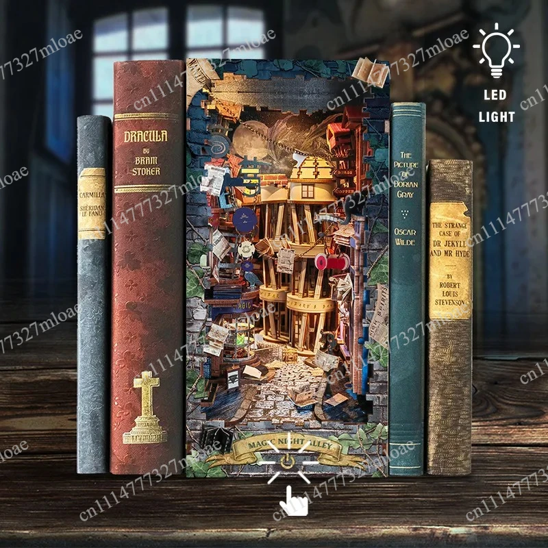 Mini Model Kit Magic Night Lane Book End Assembly 3D Puzzle Light Bookshelf Home Decoration Friend Gift DIY Book Wooden