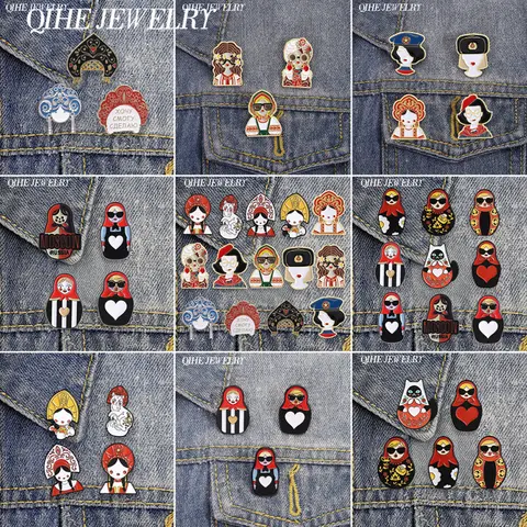 1-14PCS Russian Customs & Traditions Enamel Pin Russian Nesting Doll Kokoshnik Headdress Brooch Retro Souvenir Badge Jewelry Pin