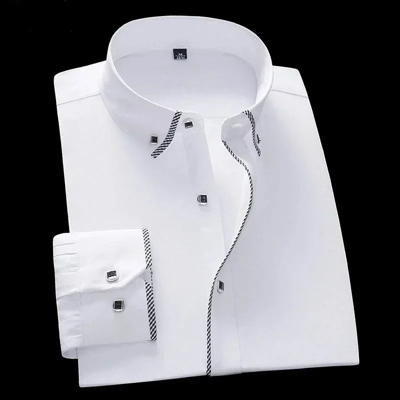 Spring and Autumn Men Dress Shirt Long Sleeve Trim Business Casual Solid Color Shirt Slim Fit White Base Layer Shirt for Male