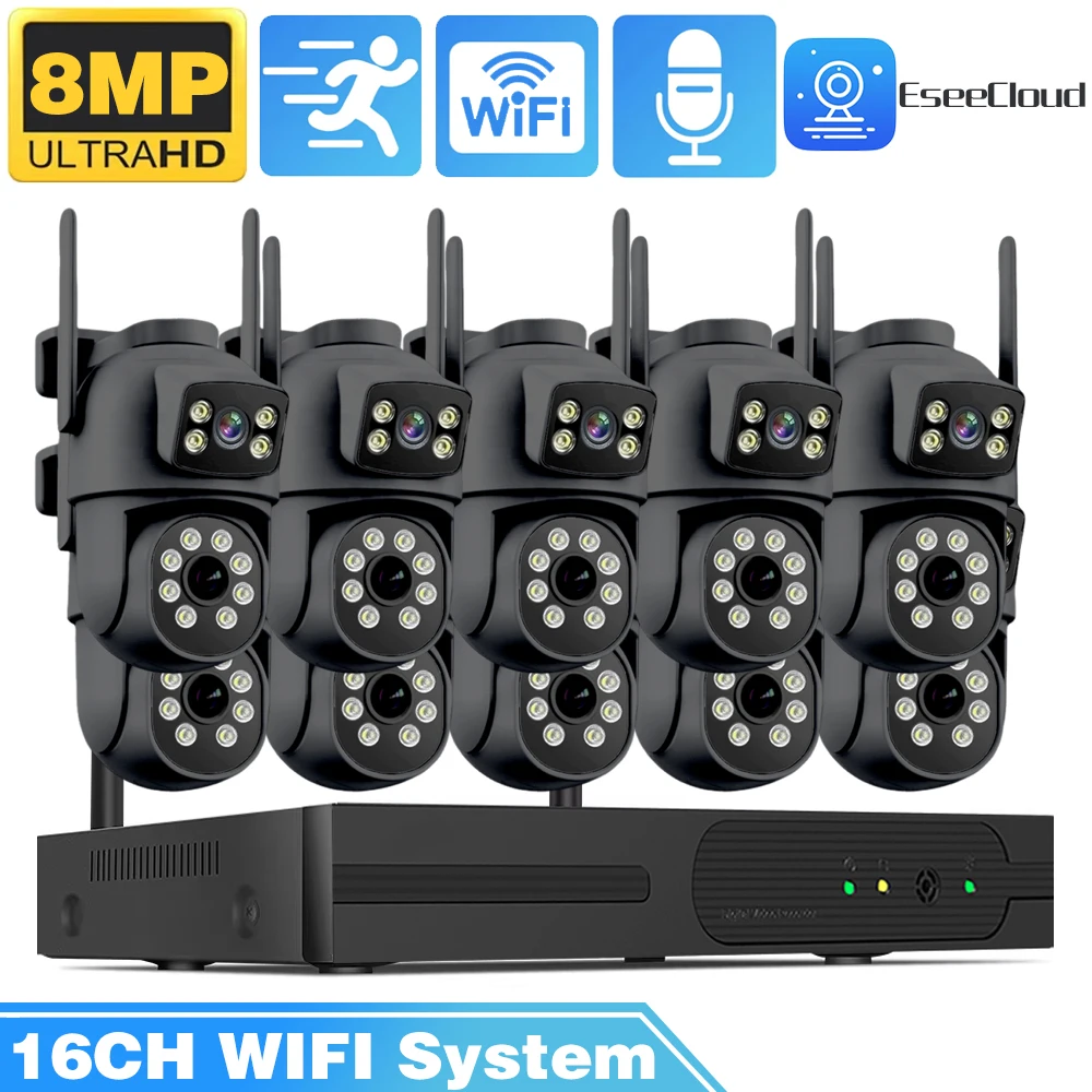 4K 8MP Dual Lens Dual Screen WiFi CCTV Surveillance Kit Automatic Tracking P2P 16CH NVR PTZ IP Cameras Security EseeCloud System