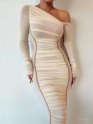 2024 Mesh Patchwork One Shoulder Long Sleeve Elegant Fashion Long Dress Evening Party Summer Solid Sexy Bodycon Dresses Vestido