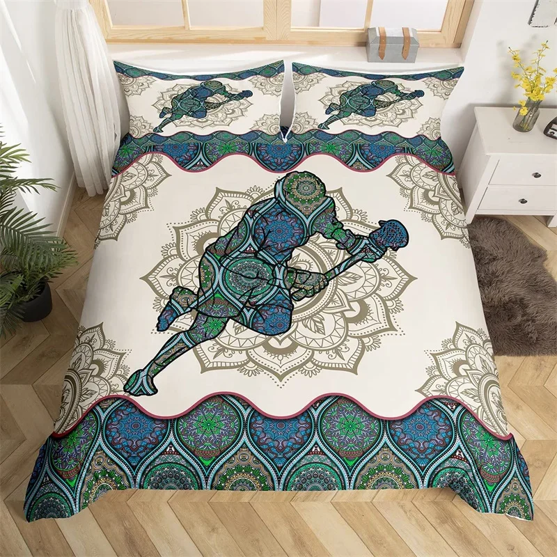 Lacrosse Duvet Cover Set King Sports Ball Game Bedding Set Microfiber Bohemia Mandala Comforter Cover Lacrosse Sticks Bed Sets