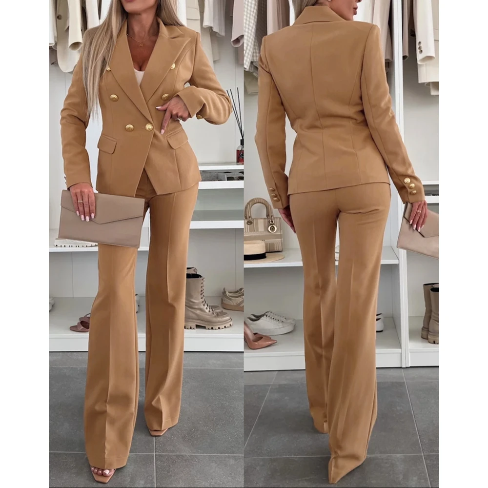 

2 Pieces Outfit Notched Collar Double-Breasted Women Blazer Set with Casual Slim Fit Flared Work Pants Set for Office Formal