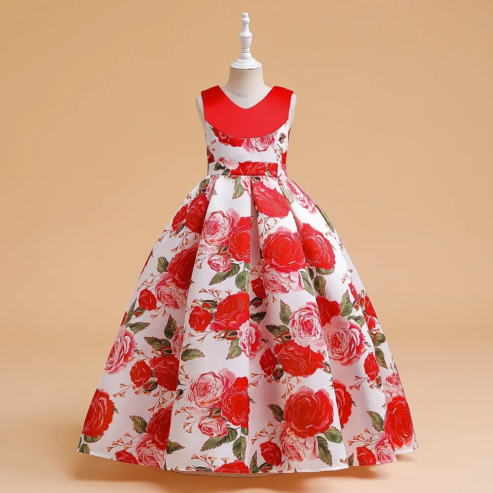 Girls Party Dresses 8Y-12Y Kid Satin Dress Wedding Birthday Show Floor-length Print Ball Gown Children