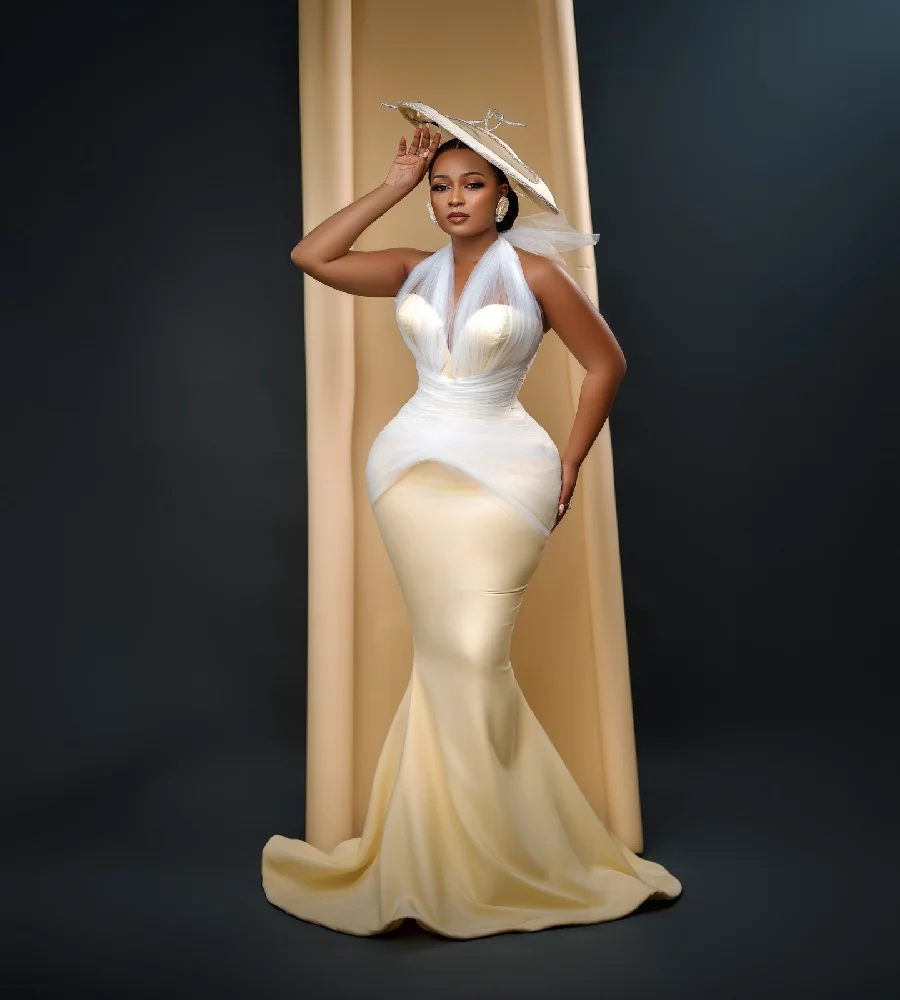 

Charming Yellow Aso Ebi Prom Dress Halter Mermaid Plus Size Evening Dress African Nigeria Satin Formal Party Dress Customized