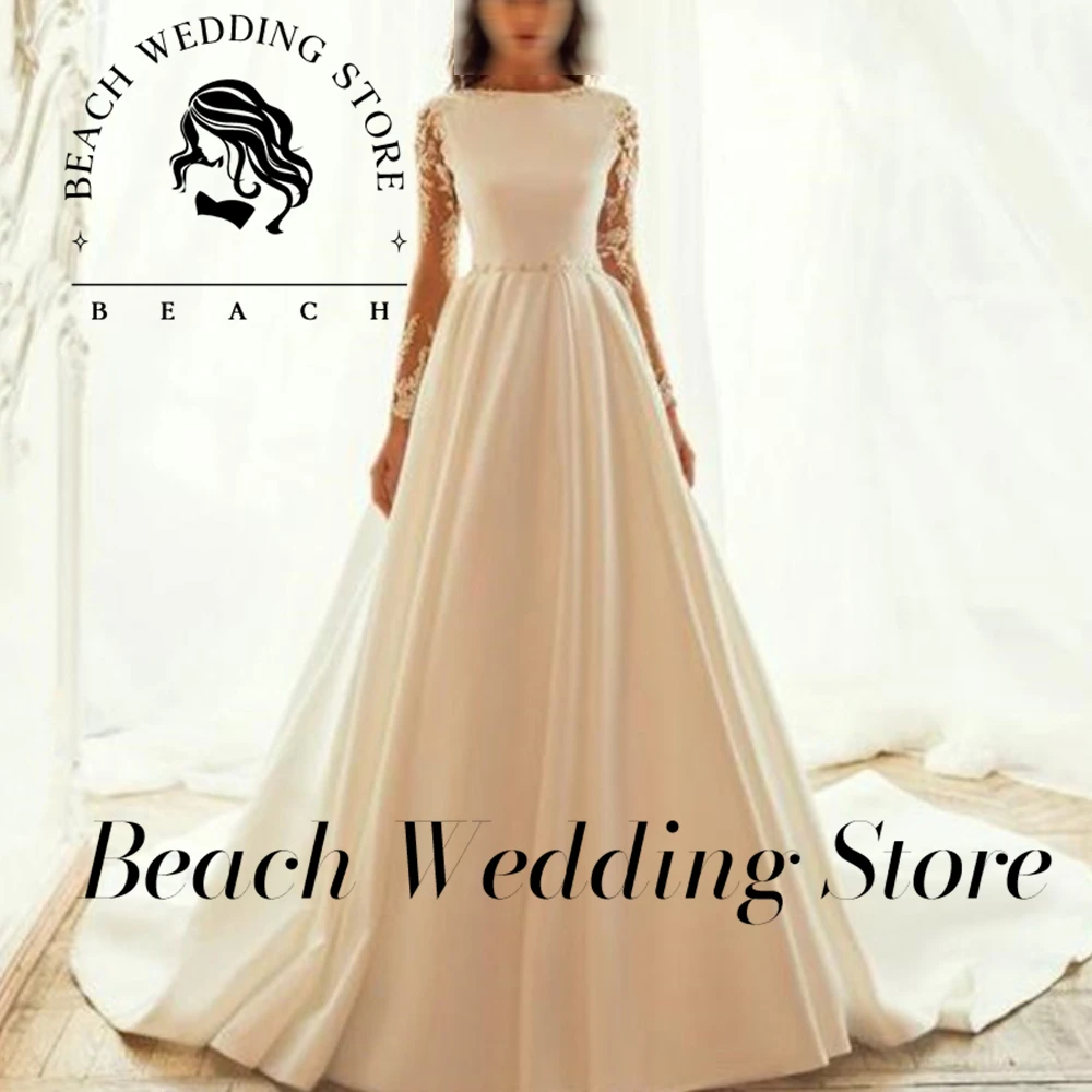 

Beach Customized O-Neck Wedding Dresses Button Lace Appliques Satin Sweep Train Bridal Gown Bride Robe De Mariee Custom Made