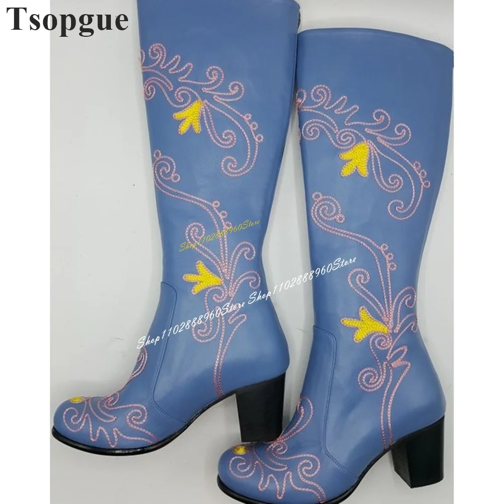 Trendy Knee High Blue Flower Print Boots Thick Heel Shoes For Women Back Zipper Round Toe 2024 Fashionable Zapatos Para Mujere