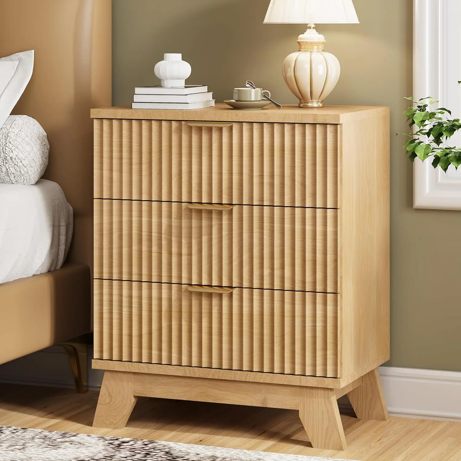 

Fluted Nightstand,24" Wide Side Table with 3 Large Storage Drawers,Mid Century Modern Wood Night Stand with Metal Handle, Wooden