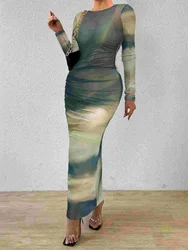 Women Dress Long Dresses Tie Dye Round Neck Bodycon Y2k Tops Elegant Splice High Waist Pleated Temperament Vestidos Streetwear