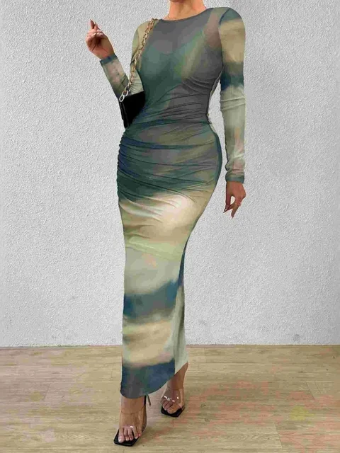 Women Dress Long Dresses Tie Dye Round Neck Bodycon Y2k Tops Elegant Splice High Waist Pleated Temperament Vestidos Streetwear