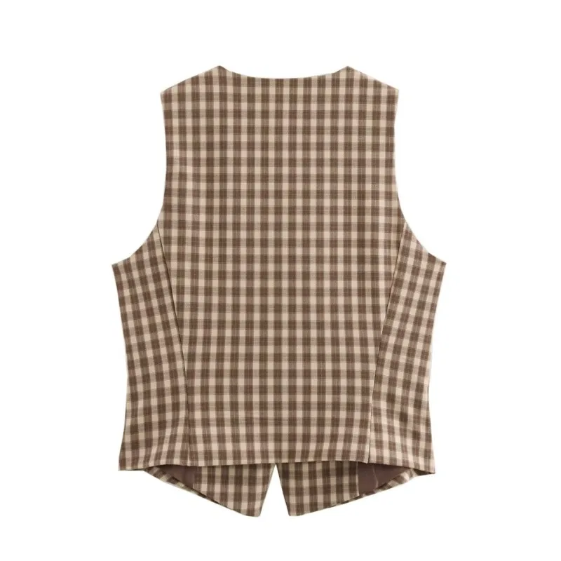 TRAF Plaid Tank Top Women Autumn O Neck Button Women's Tank Top Casual Young England Style Pocket Decoration Female Tops