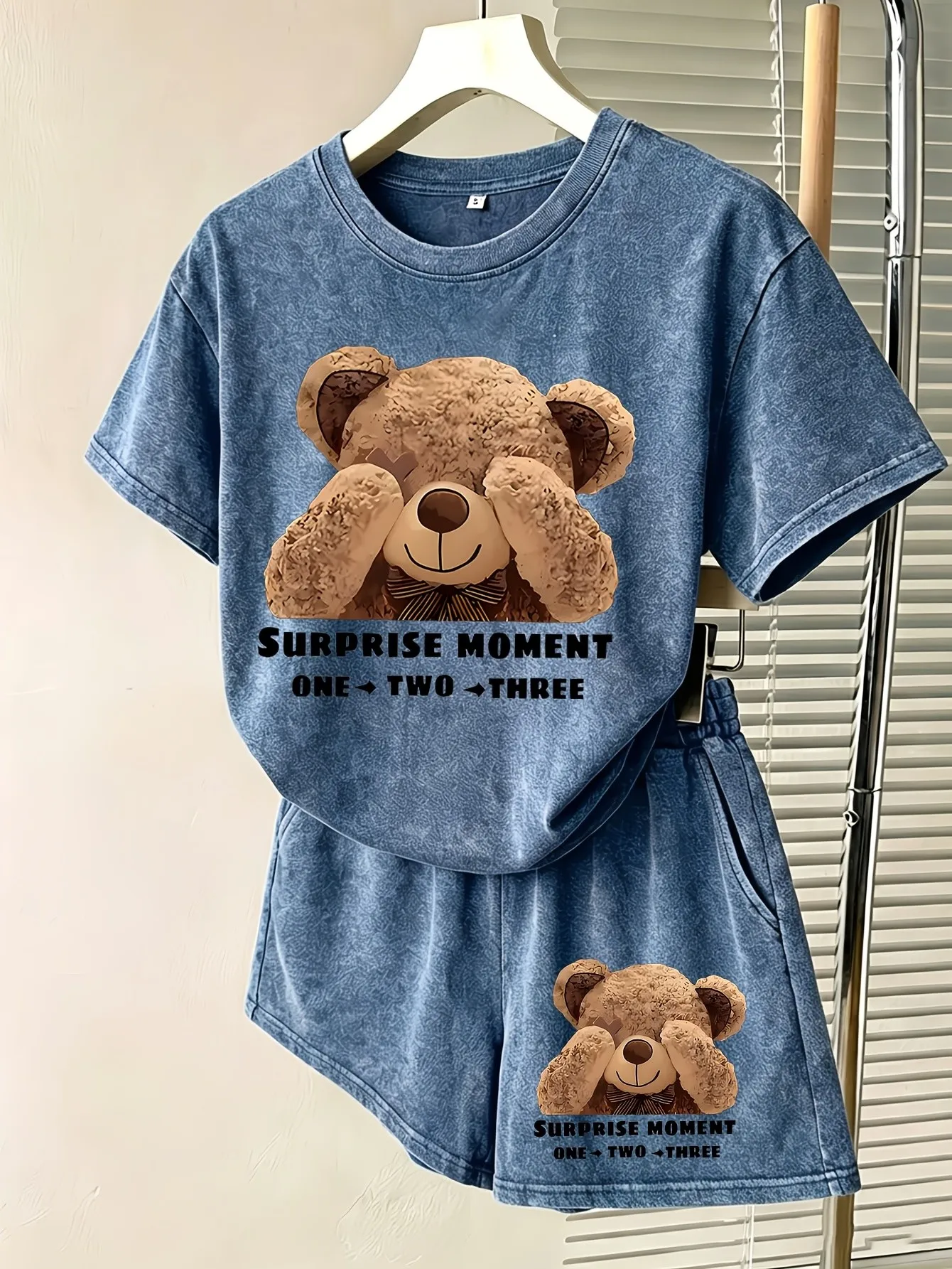 2026 Summer New Street Fashion Casual Versatile Comfortable 3D Bear Pattern Printed Women's Short-Sleeve Shorts Set