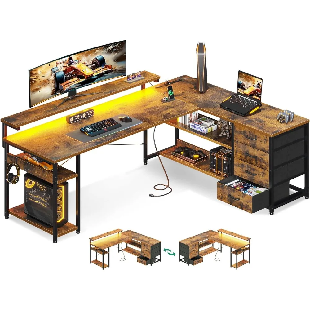 مكتب ألعاب على شكل حرف L قابل للعكس مع درج ومنافذ طاقة وأضواء LED للاستخدام المنزلي والمكاتب #1