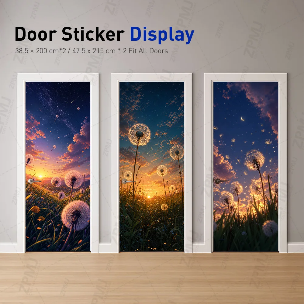 Removable Door Cover Sticker Purple Daisy Flower Sunset Lone Tree Twilight Waterproof PVC Peel and Stick Wall Decor for Bedroom