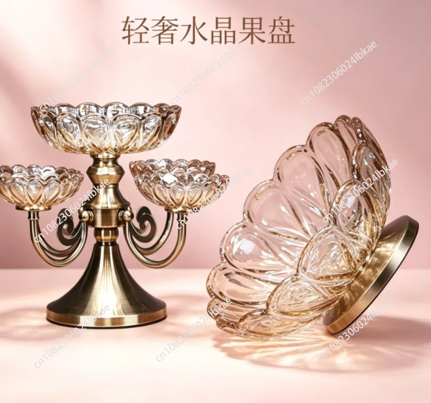 European-style gold metal crystal dried Turkish fruit plate set, luxury gold metal glass fruit display plate