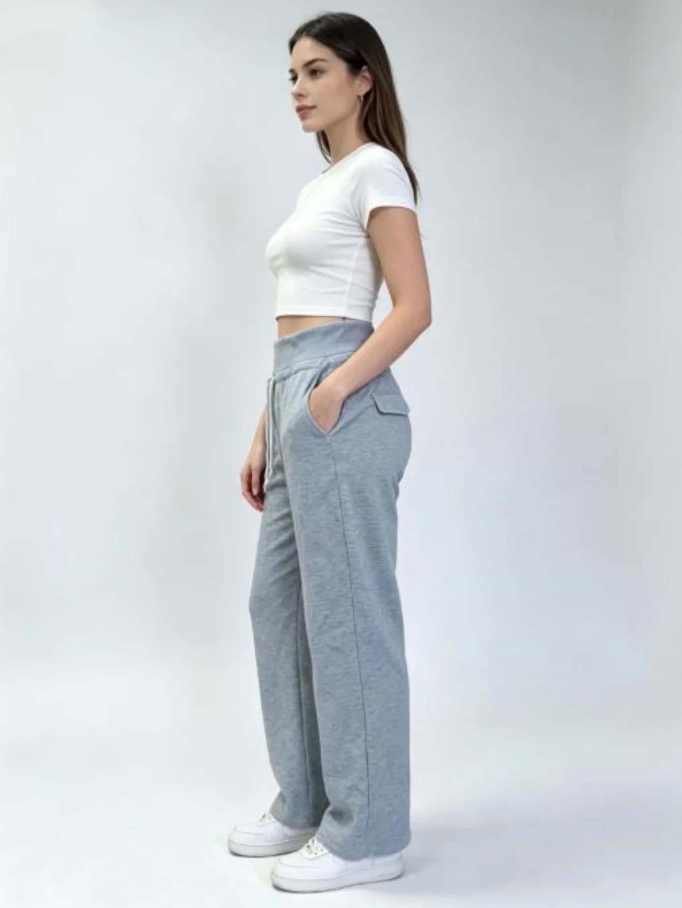 Damen-Sweatpants mit hoher Taille, weitem Bein und Kordelzug, in Grau meliert, weiche Stretch-Cargohose mit Taschen, Lounge-Hose – Detail 7