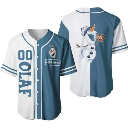 Disney Olaf Frozen Baseball Jersey Men's Women's Short Sleeve Jersey Custom Name Baseball Jersey Casual Sports Baseball Shirt