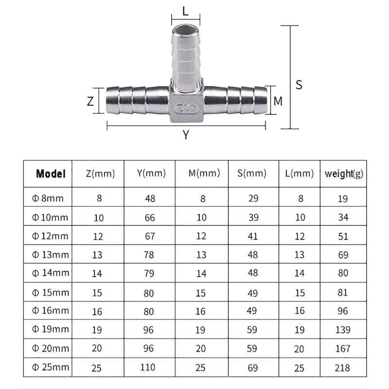 1PCS 304 Stainless Steel T Barb Tee 10/15/20/25mm for Hose/Water Pipe, Anti-leak, High Pressure, Corrosion Resistant