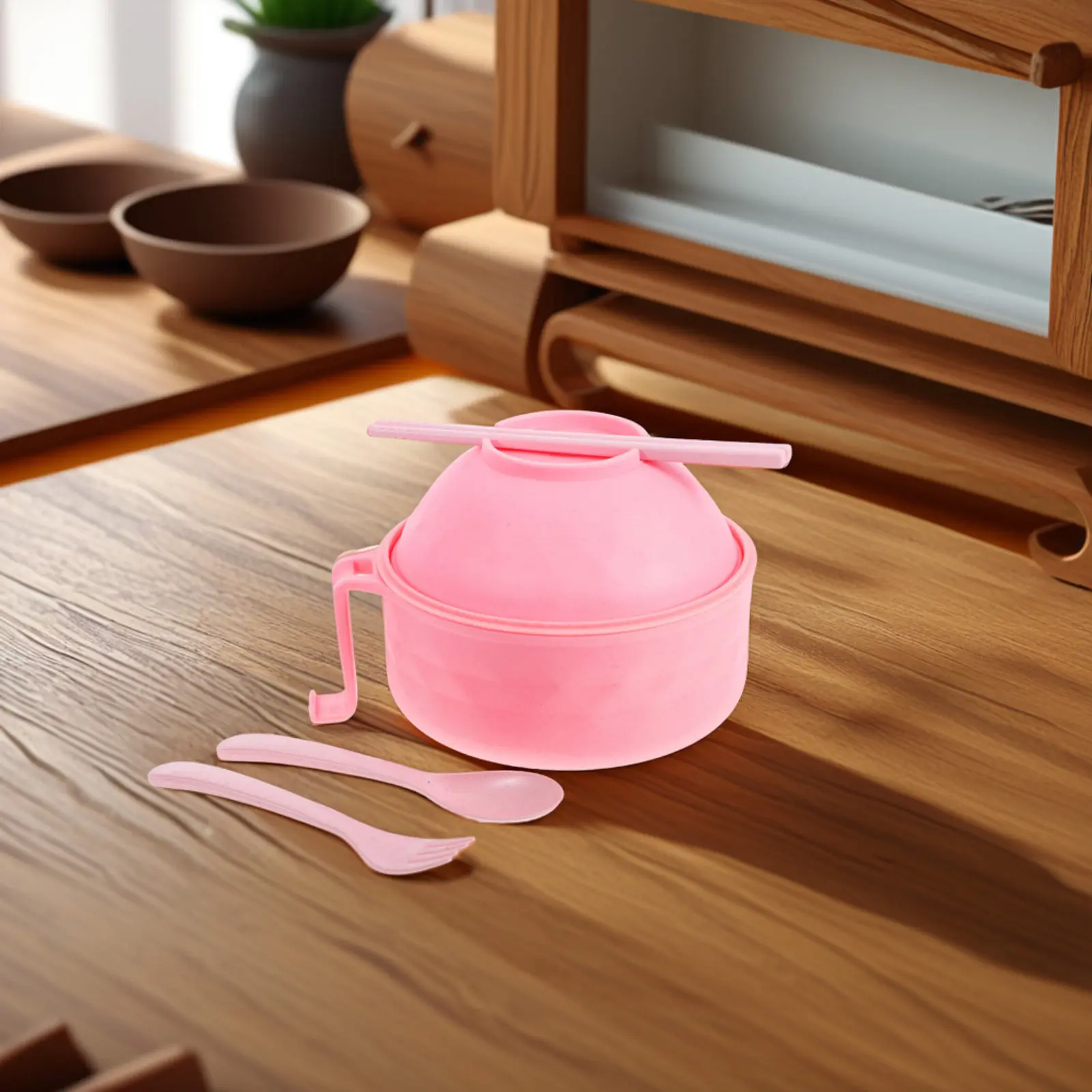 Microwave Ramen Bowl Set Pink Plastic Mixing Salad Pasta Fruit Bowls Lid Dorm Room Microwave Safe Noodle Soup Cooker Instant