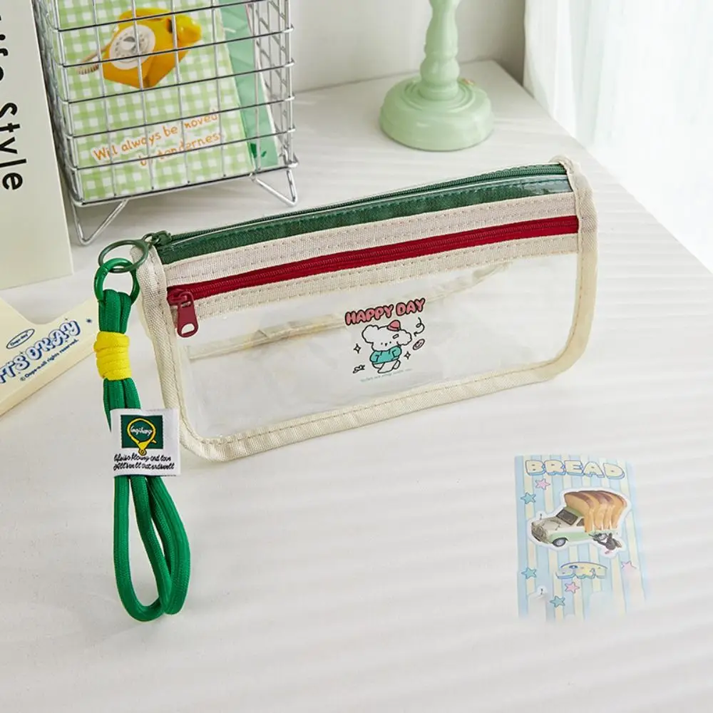 Transparent PVC Color Contrast Pencil Case Cute Print Waterproof Double Layers Pen Bag Large Capacity Wear-resistant