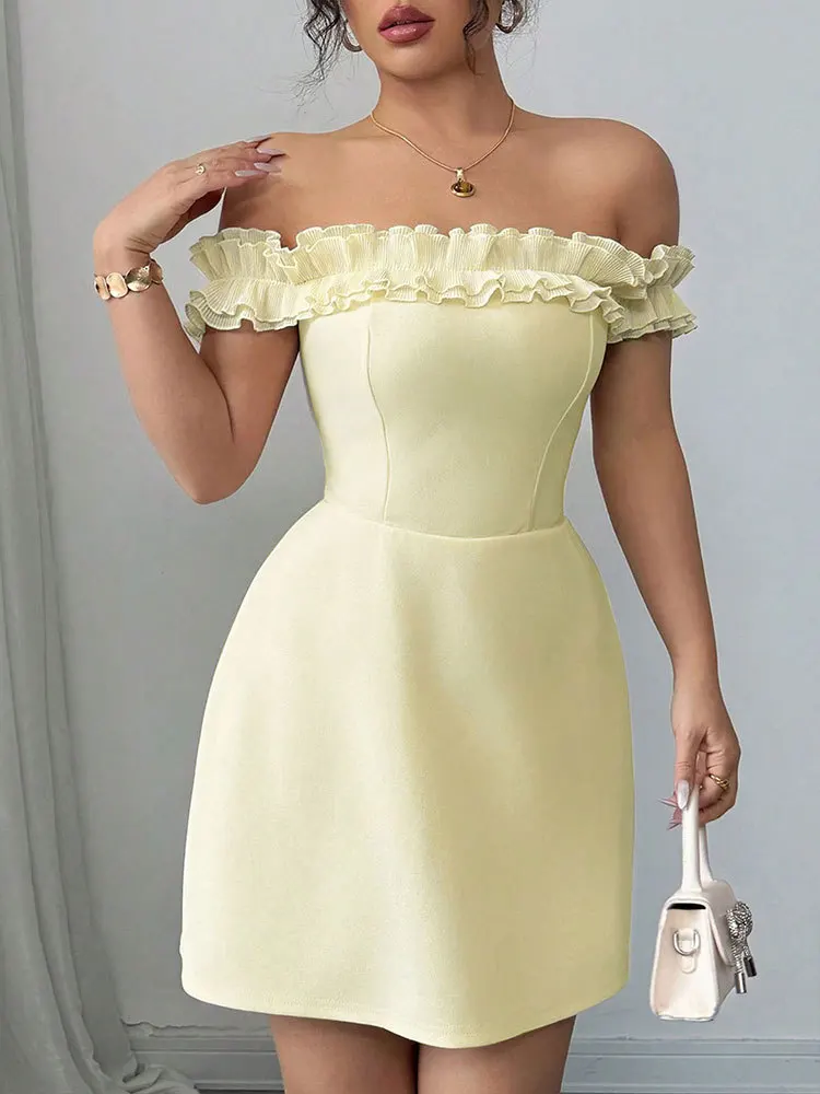 Vrouwen Elegante Midi Jurk Een Schouder Dubbele Ruche Pure Desire Bodycon Afslanken Crop Top Party Formele Gown Mode jurk