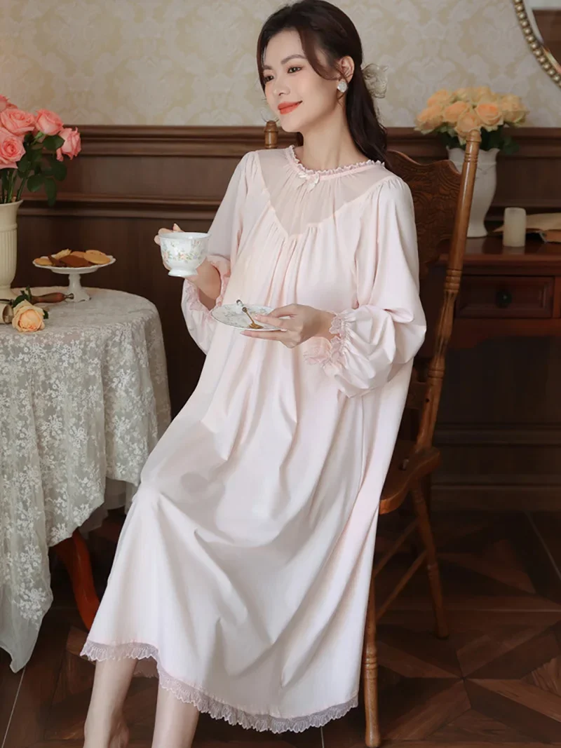 Women Long Sleeve Nightdress Spring Cotton Mesh Fairy Pajamas French Vintage Princess Loose Victorian Nightgowns Sleepwear image 5