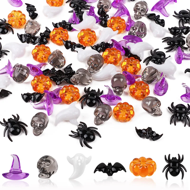 

50/100Pcs Halloween Mini Acrylic Ornaments Skull Head Witch Hat Pumpkin Table Scatter for Halloween Party Home Decoration Crafts