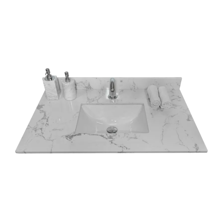 

31inch bathroom stone vanity top engineered white marble color with undermount ceramic sink and single faucet hole with backspl
