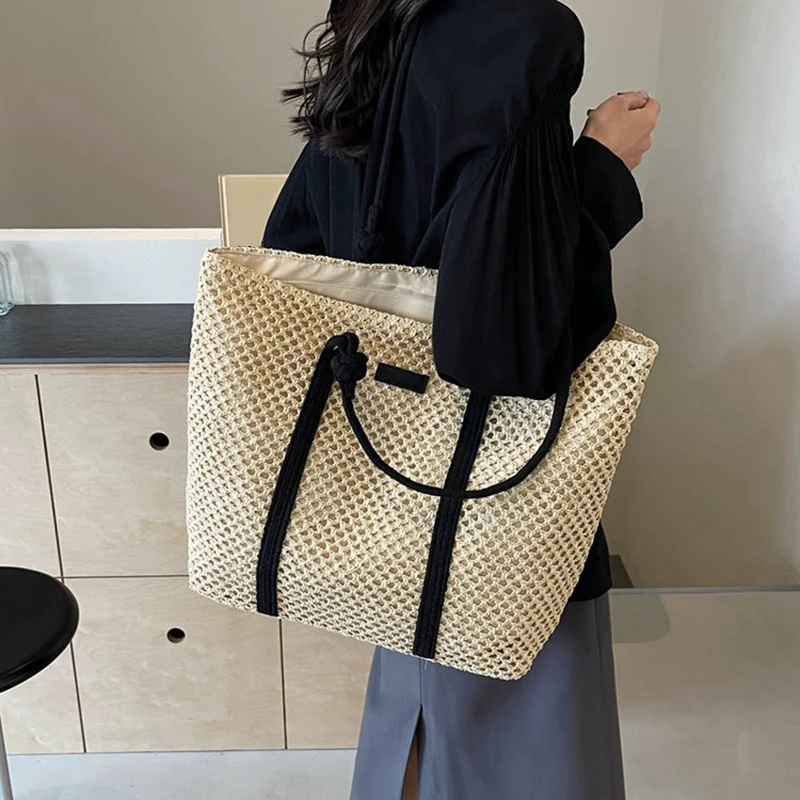 Summer Woven Straw Tote Bag Casual Beach Vacation Women Shoulder Bags Large Capacity Female Handbags Solid Color