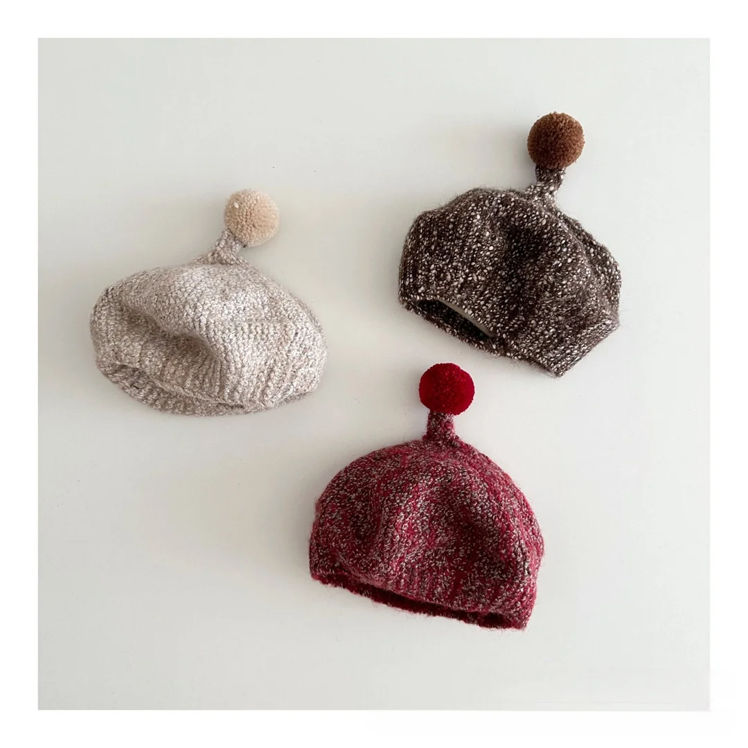 

Vintage Tie-Dye Kids Beret Pom Pom Knitted Hat Unisex Children Warm Winter Cap for Boys Girls