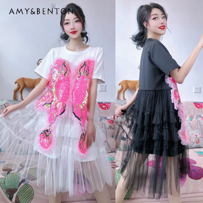 

Rose Pink Lace Top Dress Heavy Industry Sequin Butterfly Puffy Hem Mesh Dress Slim Fit Oversized Kawaii T-shirt Vestidos Ladies