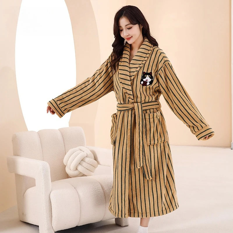 Autumn and Winter Stripes Flannel Robe for Women Luxury Couples' Sleepwear Men's Warm Bathrobe Nightwear Plush Nightgown