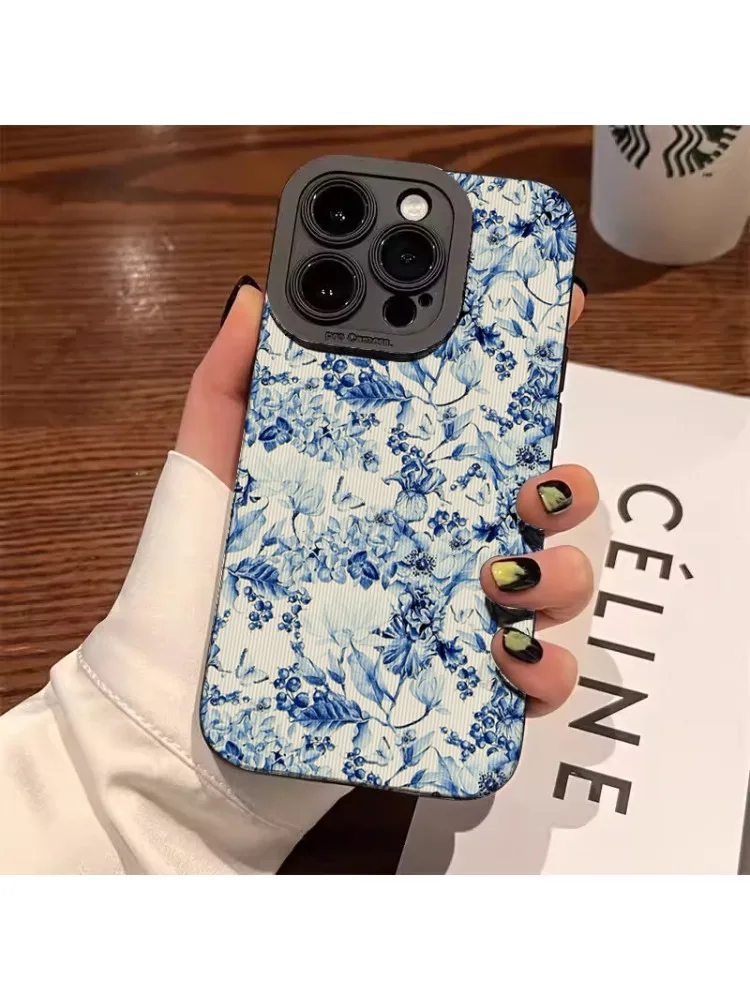 Coque pour Samsung Galaxy S25 S24 S23 S22 Ultra Plus S21 FE, étui de téléphone élégant à fleurs bleues pour A36 A34 A54 A56 A52S A53