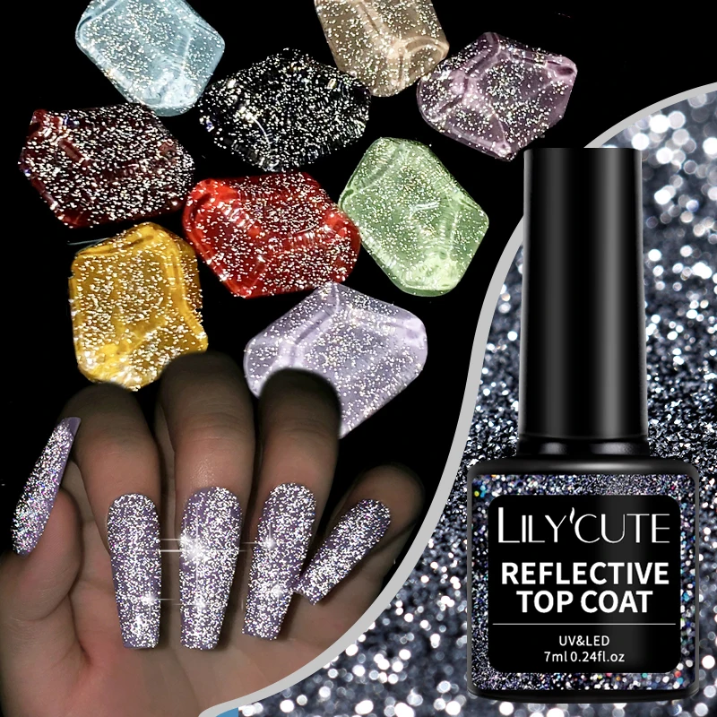 LILY'CUTE 7 مللي عاكس بريق معطف فوقي هلام طلاء الأظافر إثارة فلاش طويلة الأمد نقع قبالة UV LED صالون الورنيش مانيكير